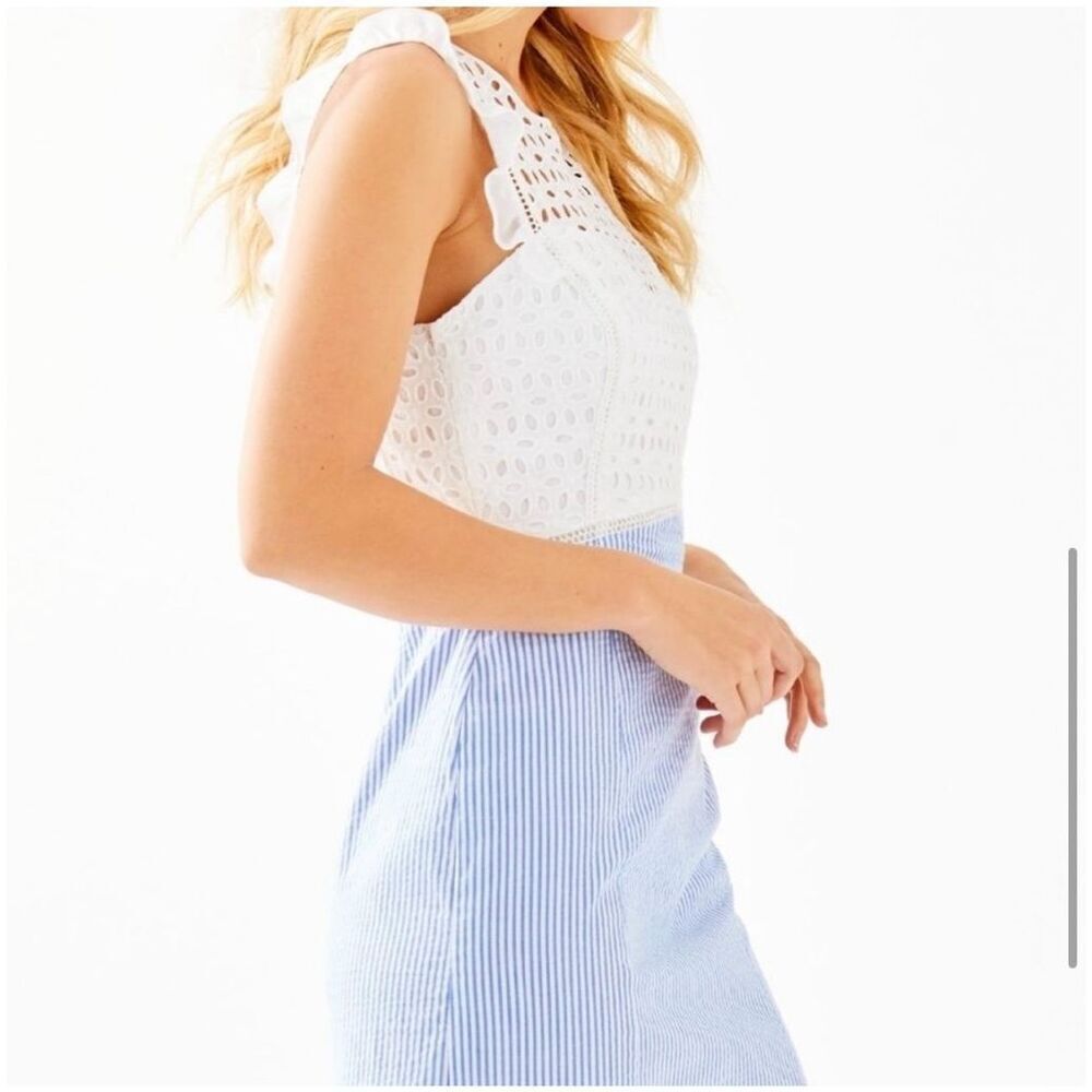 Lilly Pulitzer Maya Shift Dress in Coastal Blue Seersucker & White Eyelet Sz 0 N - Picture 3 of 11